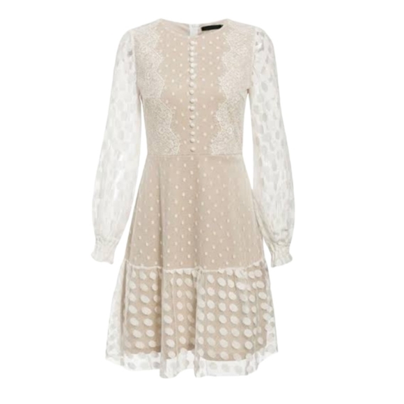 White lace mini dress polkadot Sze M embroided Long Sleeve party cocktail tiered - Picture 3 of 4